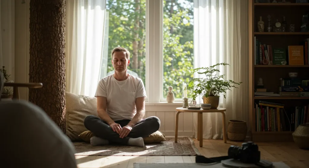 Manlig atlet utför styrketräning med illustration av naturliga testosteronboosters omkring sig