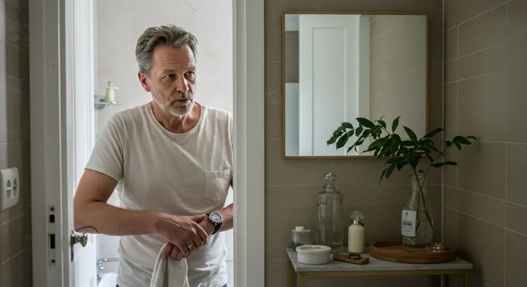 Bild på vuxen man med kraftig skäggväxt som symboliserar testosteronets påverkan.
