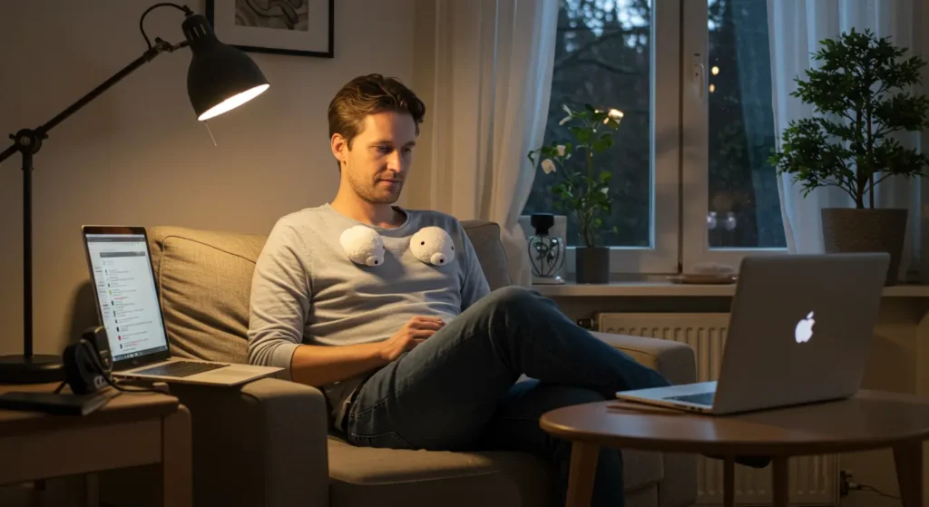Man med begynnande håravfall och informationsgrafik om testosteronets påverkan